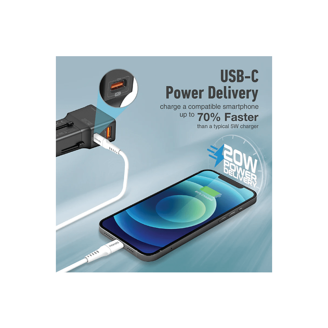 Promate TriPlug-PD20 Sleek Universal Travel Adapter with 20W Power Delivery & Quick Charge 3.0 - Black in Qatar Promate TriPlug-PD20 Sleek Universal Travel Adapter with 20W Power Delivery & Quick Charge 3.0 - Black in Qatar